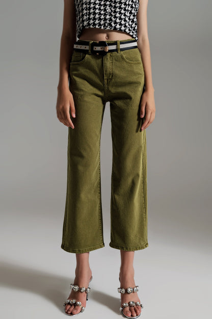 Cropped Wide Leg Jeans in Olive Green for Effortless Style