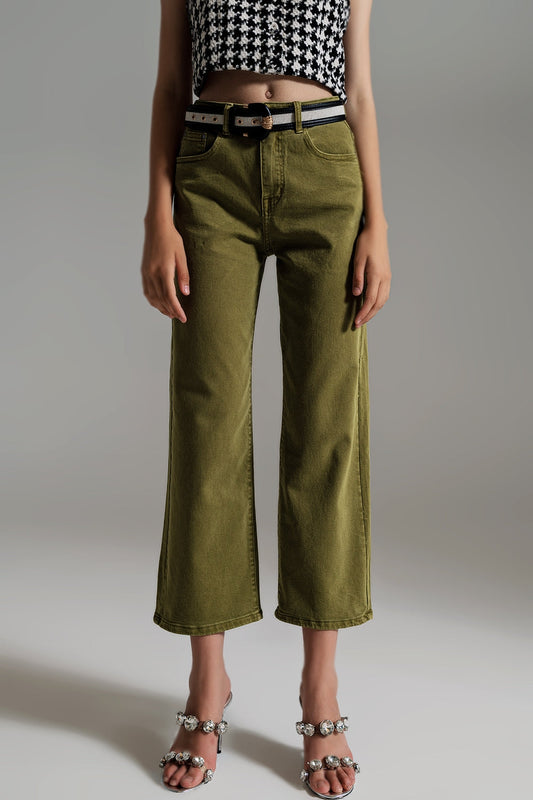 Cropped Wide Leg Jeans in Olive Green for Effortless Style