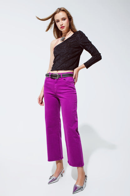 Cropped Wide Leg Jeans in Violet 3/4 Length for Daily Style