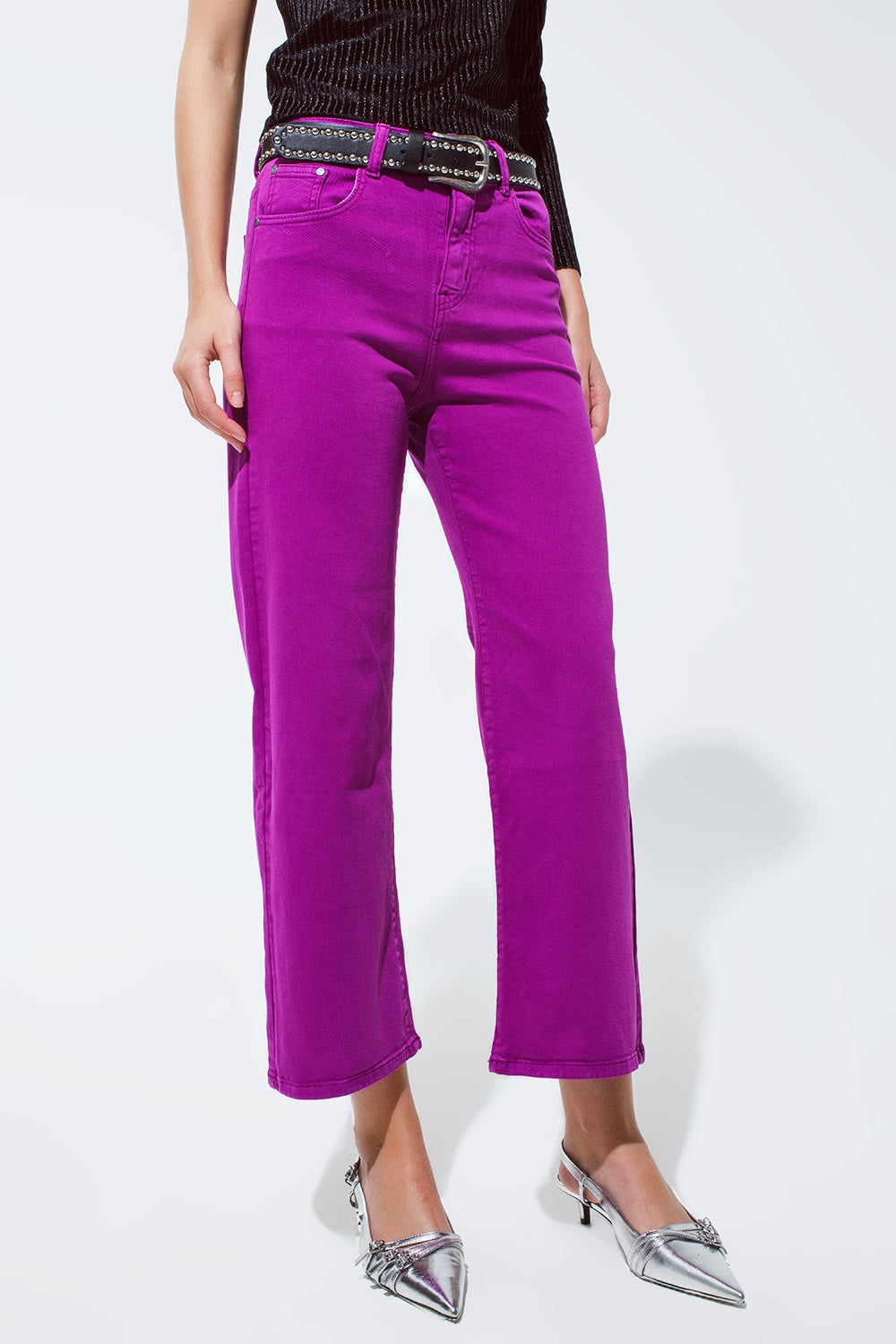 Cropped Wide Leg Jeans in Violet 3/4 Length for Daily Style