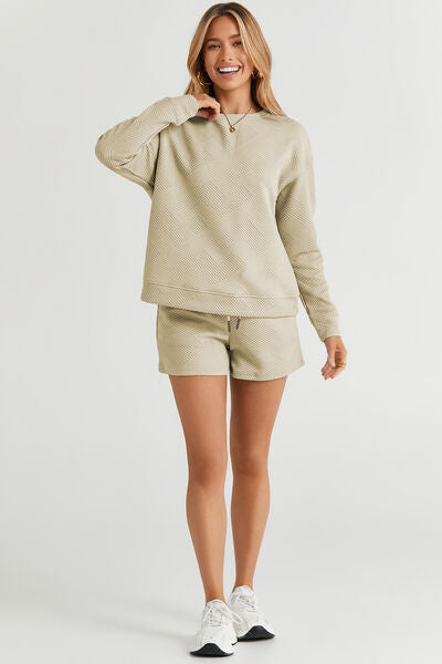 Double Take Texture Long Sleeve Top & Drawstring Shorts