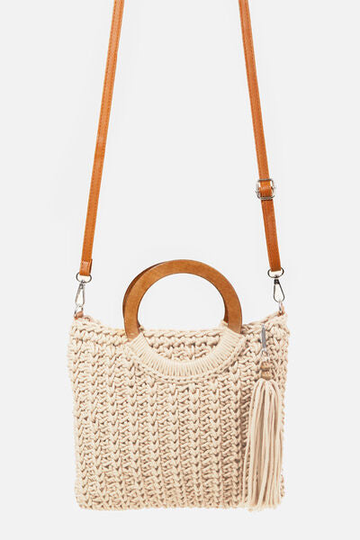 Fame Crochet Knit Convertible Tote Bag with Tassel - Stylemz