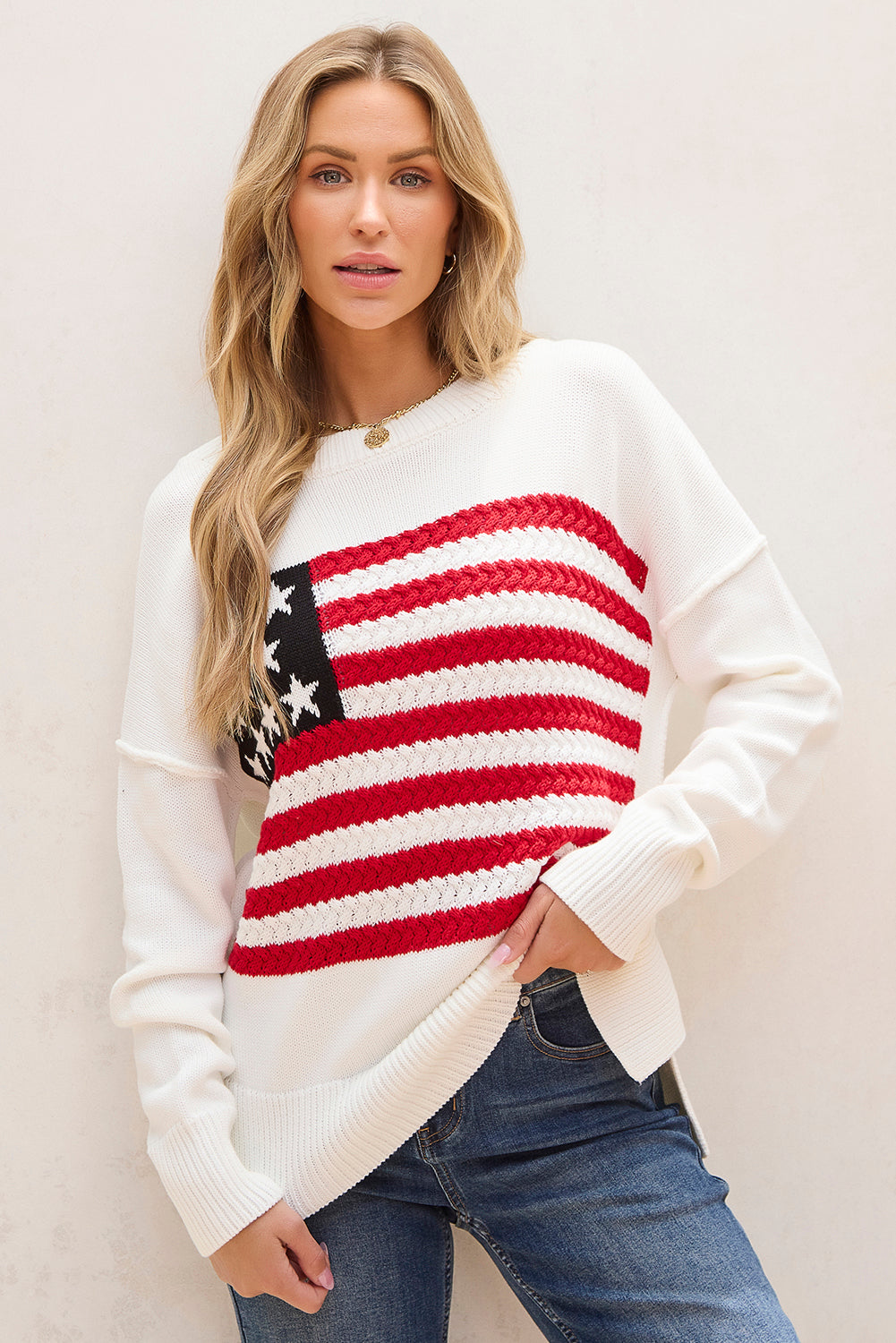 Lakelyn American Flag Sweater with Cozy Cable Knit Design