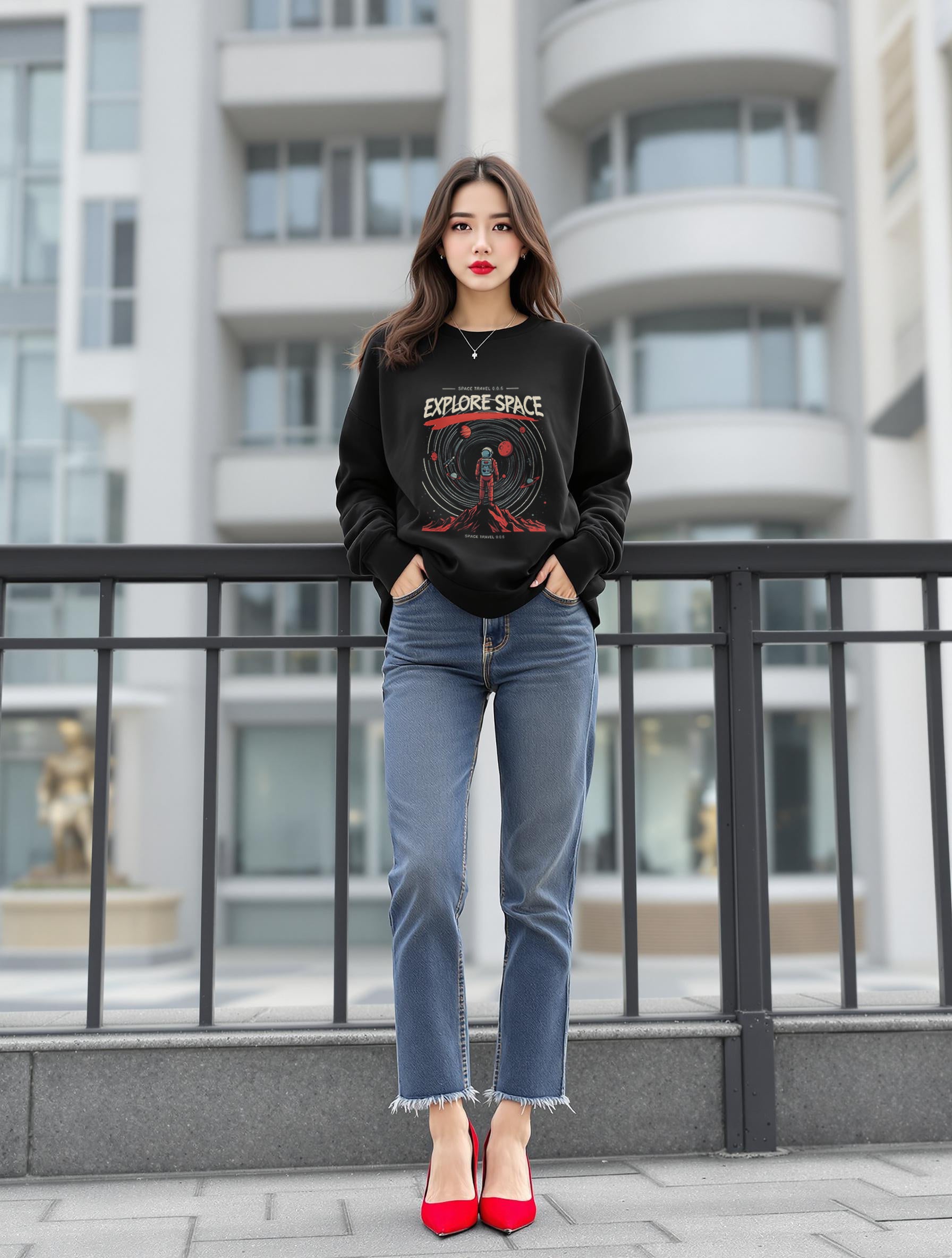 Long-sleeve - Explore Space Unisex Midweight Softstyle Fleece Crewneck Sweatshirt  - Korea  - StyleMZ