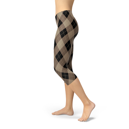 Womens Beige Brown Argyle Capri Leggings for Active Wear