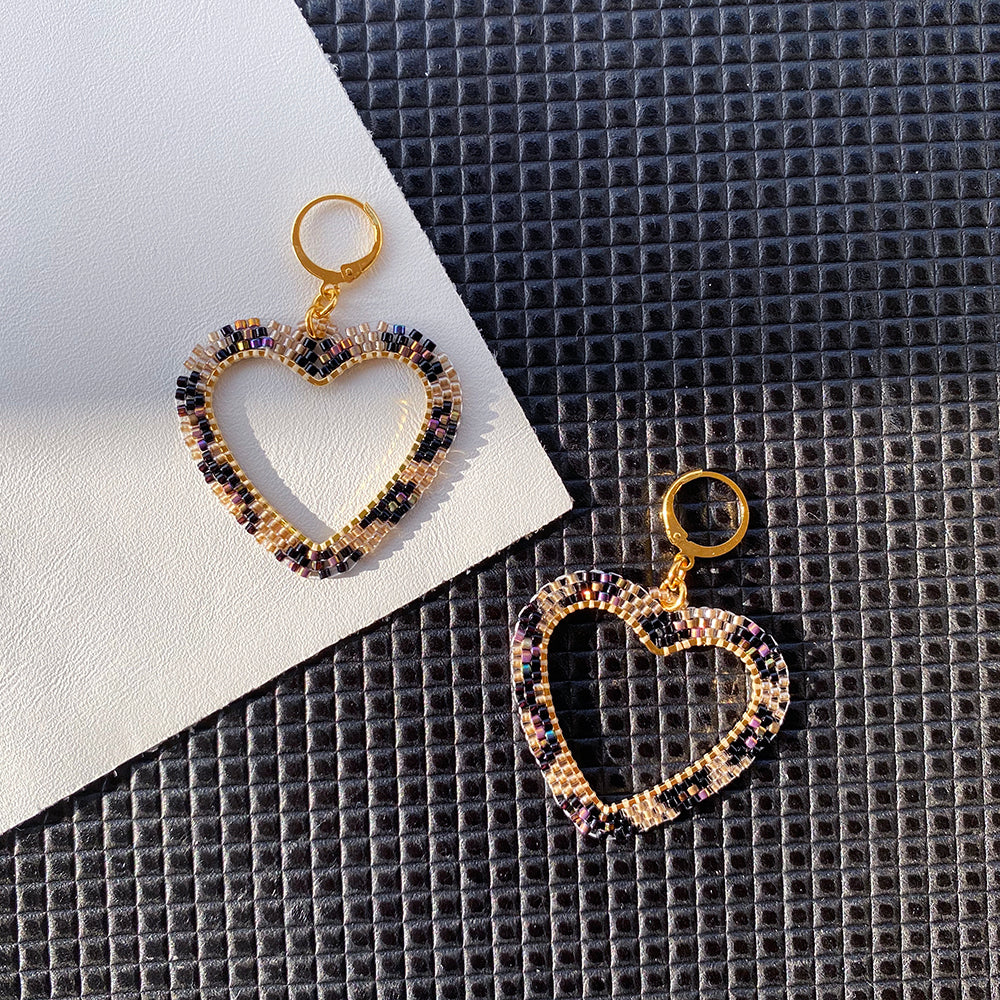 Leopard Heart Earrings - Luxe Beaded Hoop Style