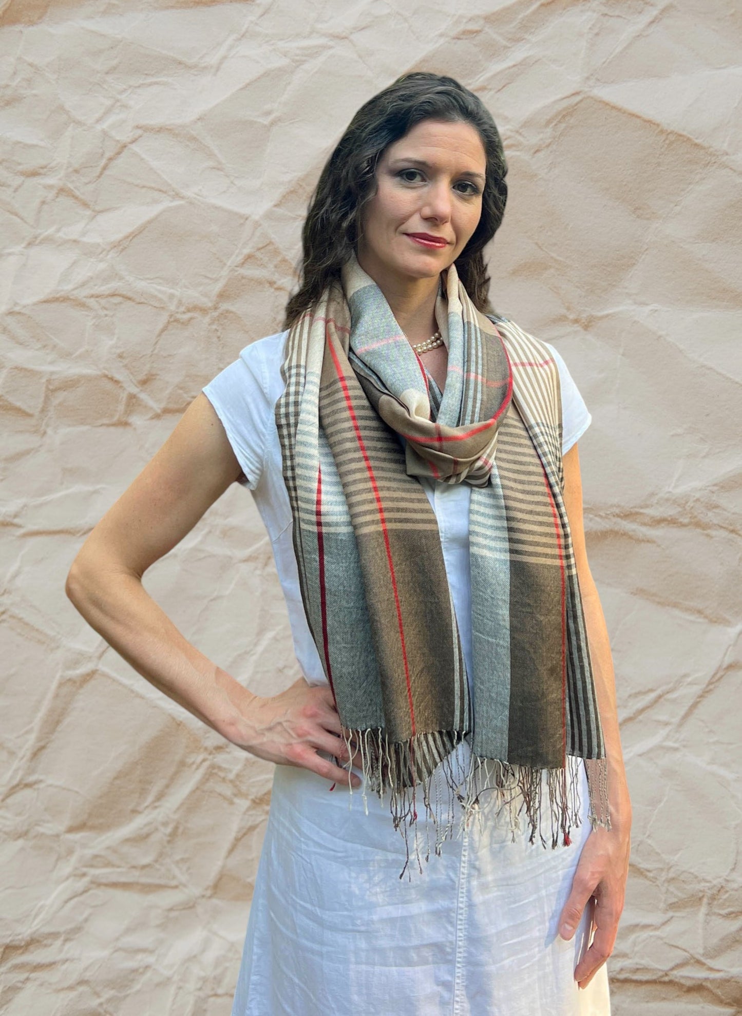 Hand loomed Brown Wool And Silk Check Scarf - Stylemz