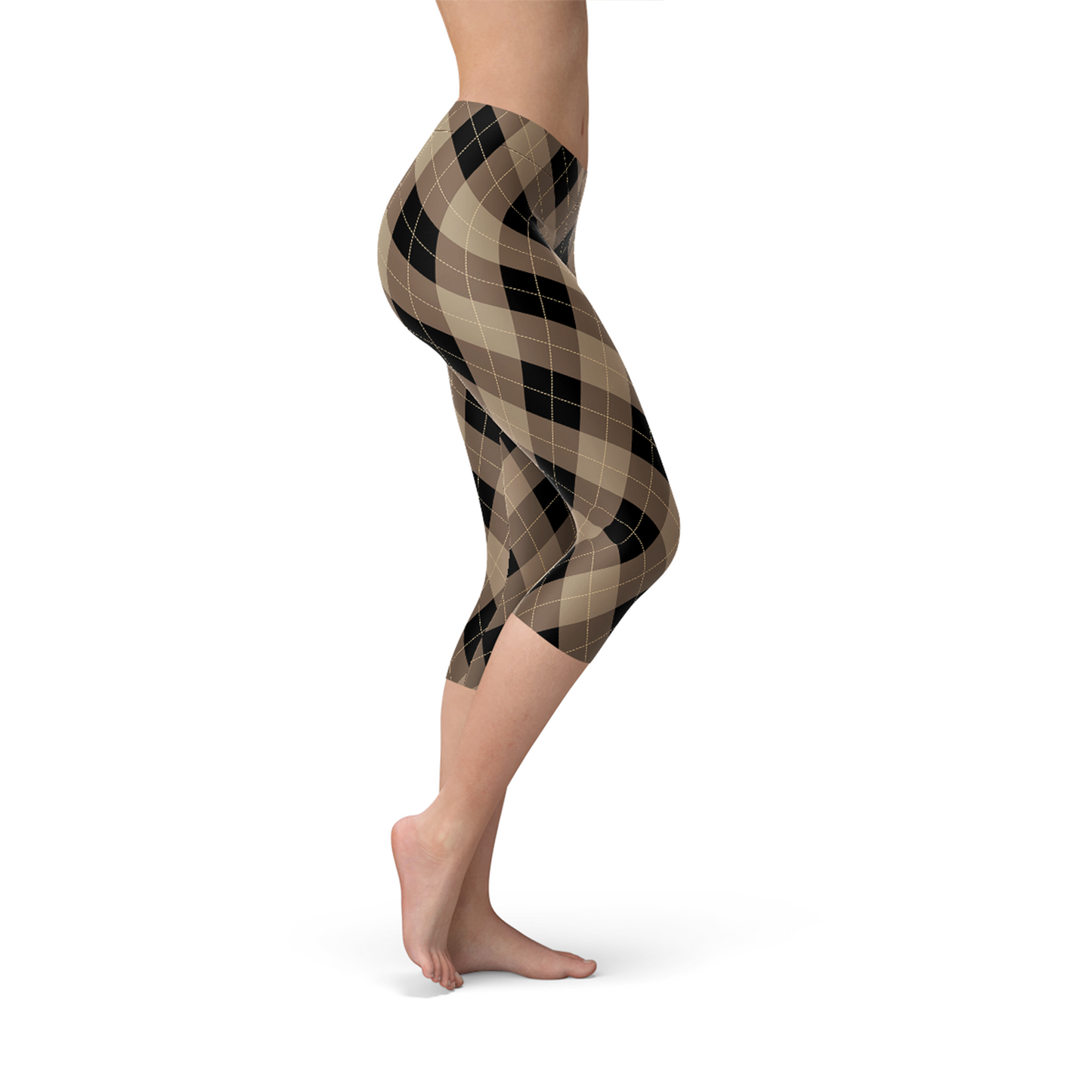 Womens Beige Brown Argyle Capri Leggings for Active Wear