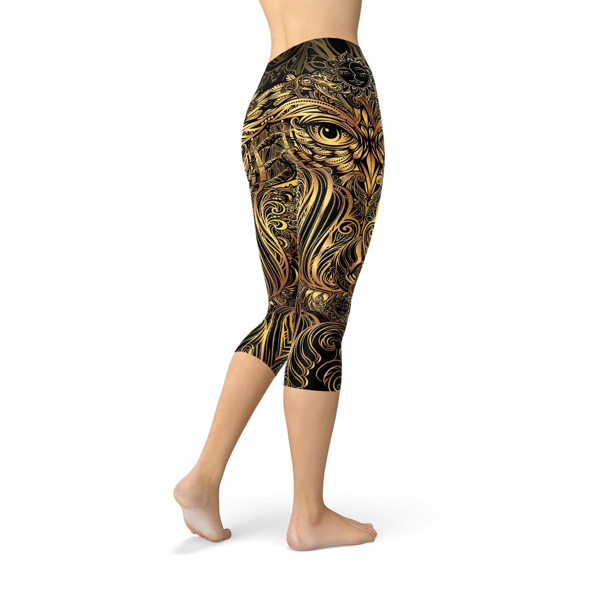 Womens Golden Ornament Owl Capri Leggings - Stylemz