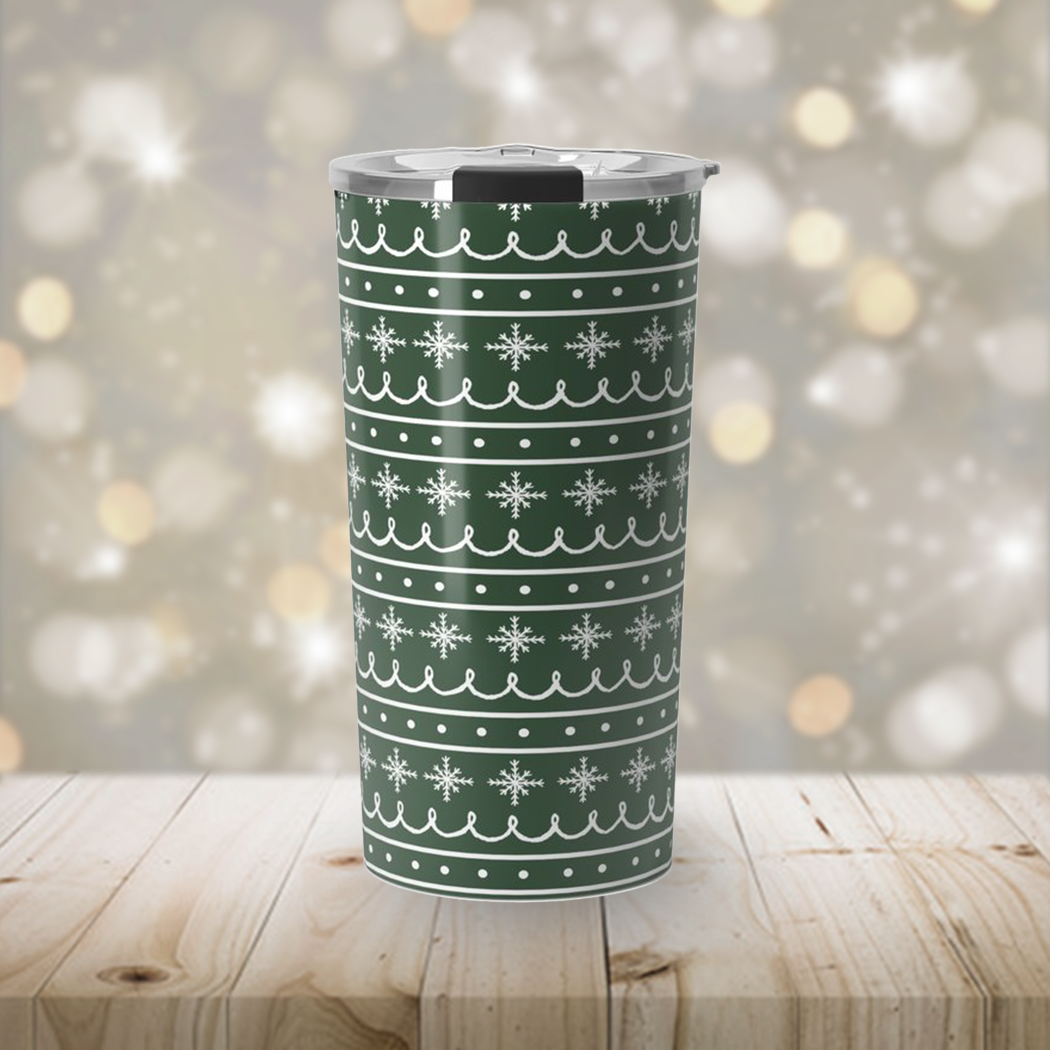 Green Snowflake Pattern Travel Coffee Mug - Stylemz