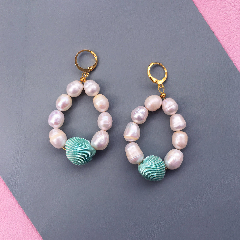 Candy Shell Pearl Earrings with Gold Plated Hoops