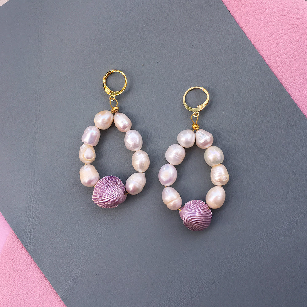 Candy Shell Pearl Earrings with Gold Plated Hoops