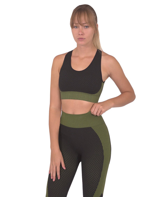 Trois Seamless Sports Bra - Black with Green Stripes