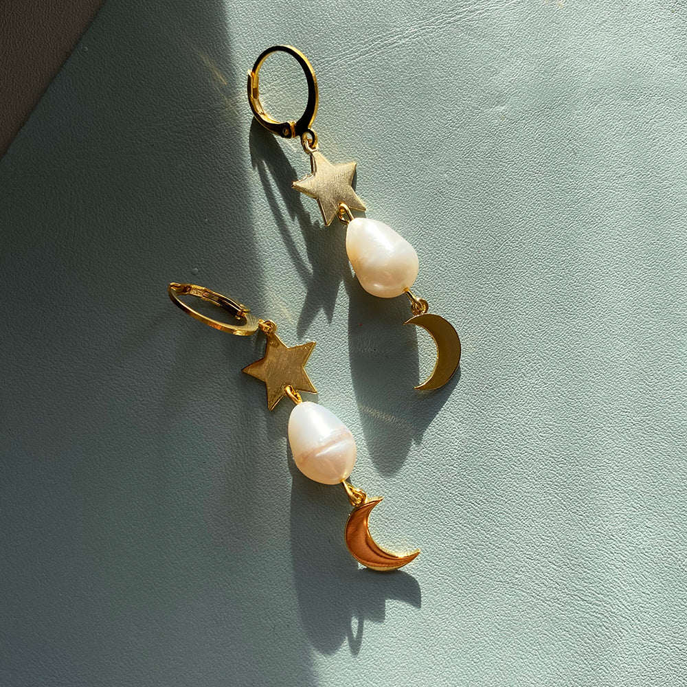 Night Sky Pearl Earrings in 24 Carat Gold Plating