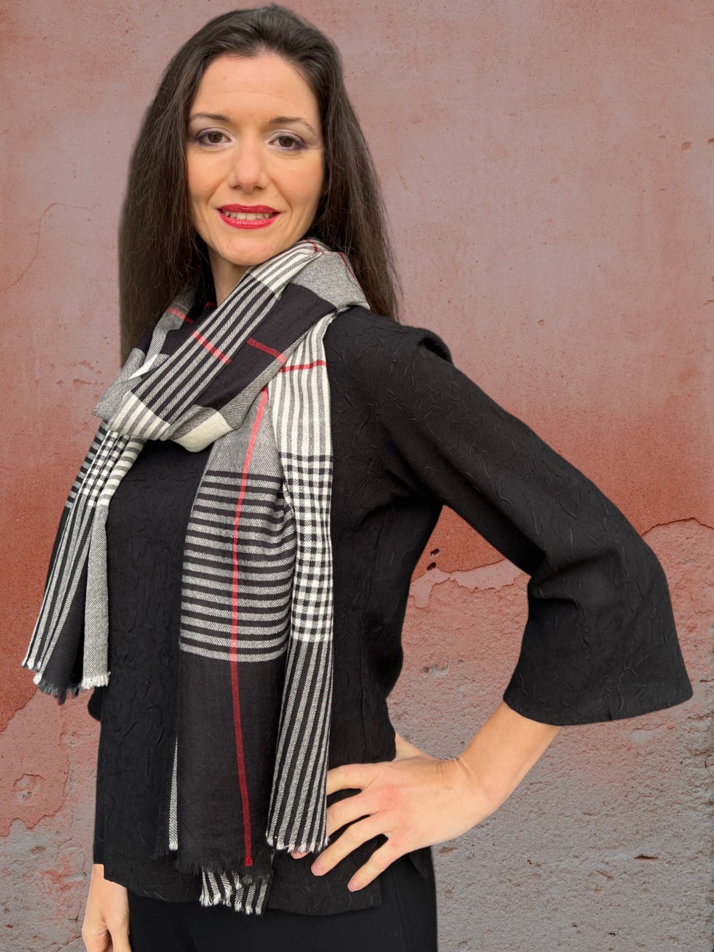 Hand Loomed Black Wool And Silk Check Scarf - Stylemz