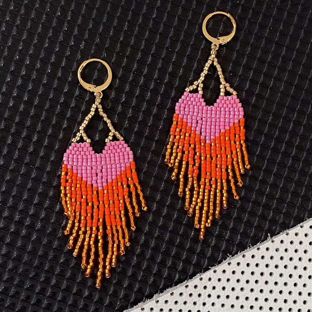 LOVE Earrings - Pink Orange Ombre Fringe with Gold Hoops