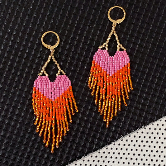 LOVE Earrings - Pink Orange Ombre Fringe with Gold Hoops