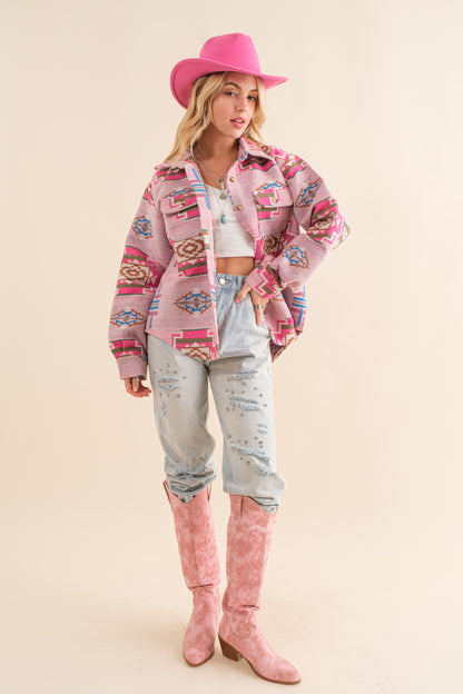 Pink Jacquard Aztec Relaxed Fit Button Down Shacket Shacket - Stylemz