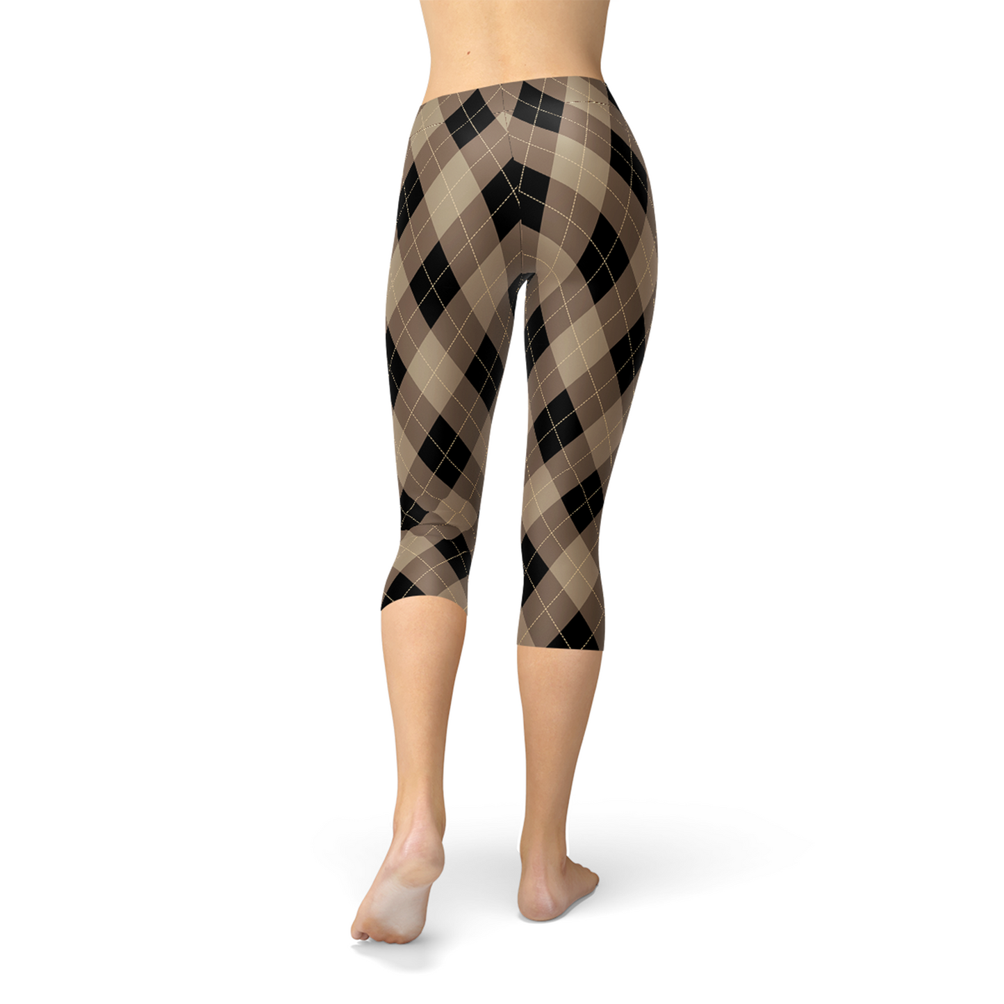 Womens Beige Brown Argyle Capri Leggings for Active Wear