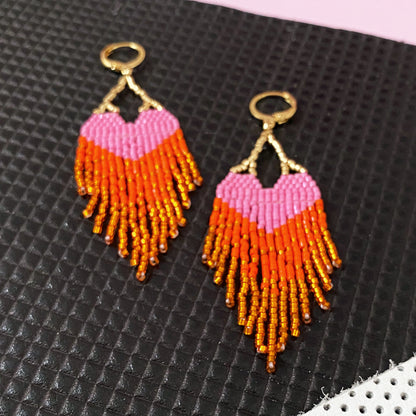 LOVE Earrings - Pink Orange Ombre Fringe with Gold Hoops