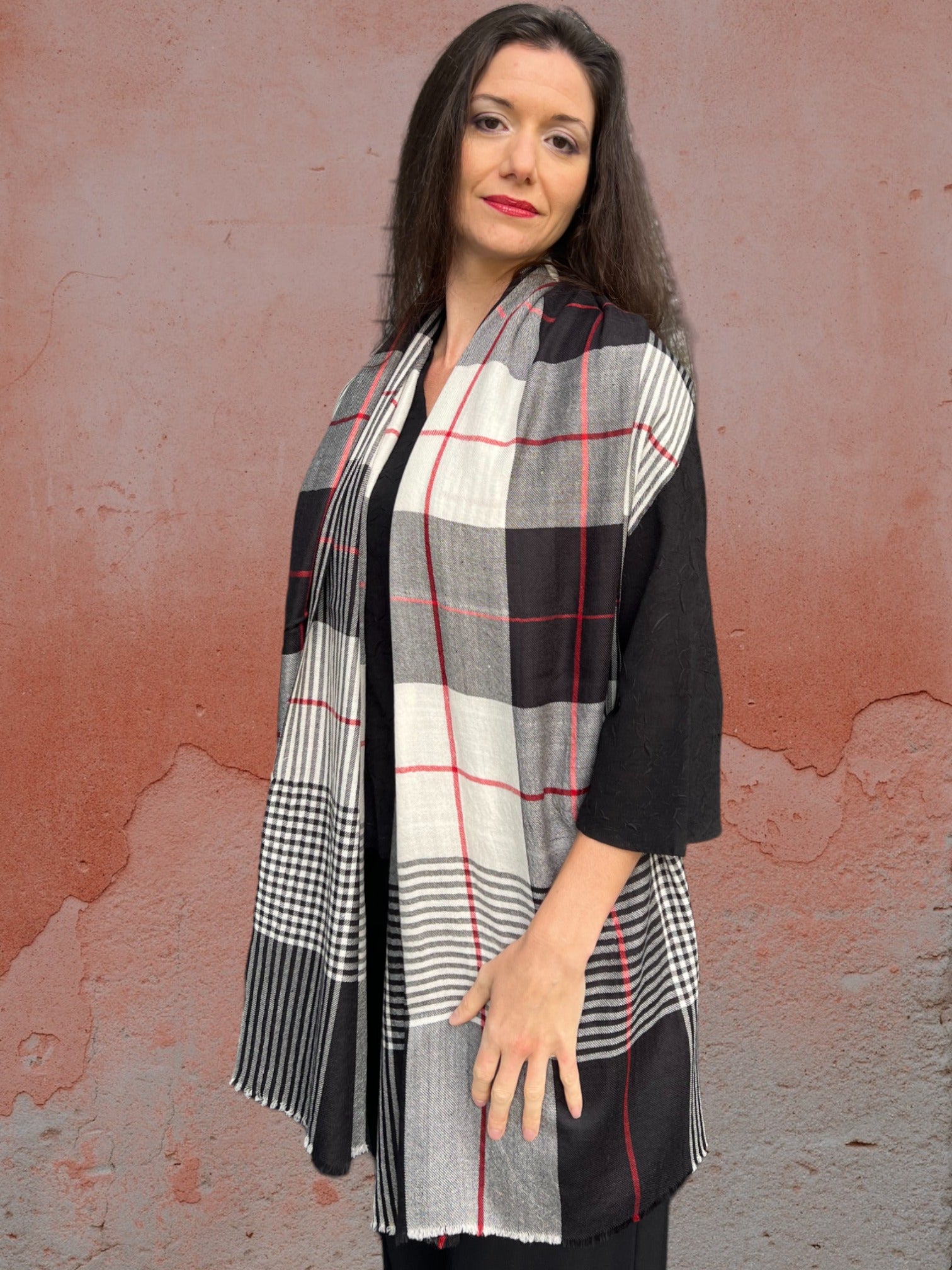 Hand Loomed Black Wool And Silk Check Scarf - Stylemz