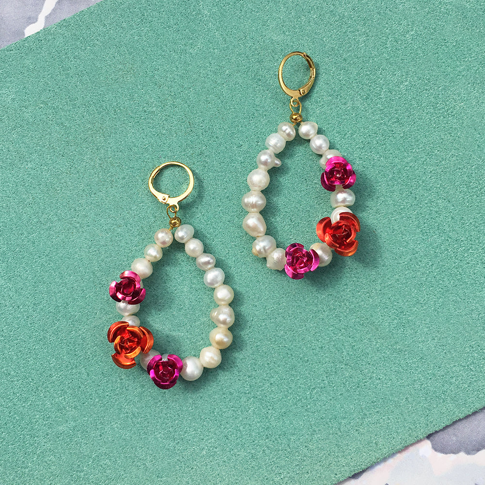 Rose Pearl Earrings and Necklace with Gold Hoops