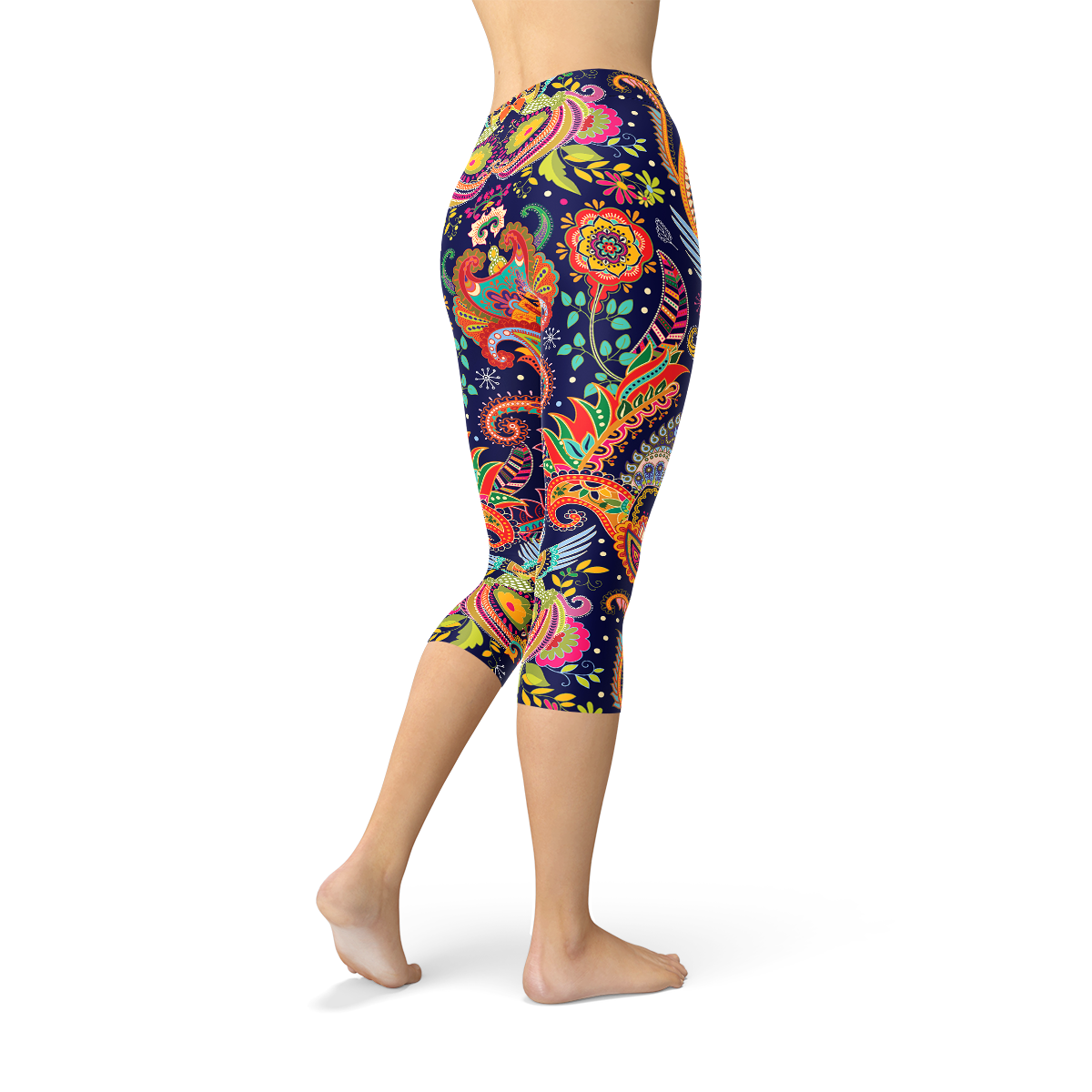 Womens Ornamental Blue Paisley Capri Leggings - Stylemz