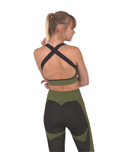 Trois Seamless Sports Bra - Black with Green Stripes