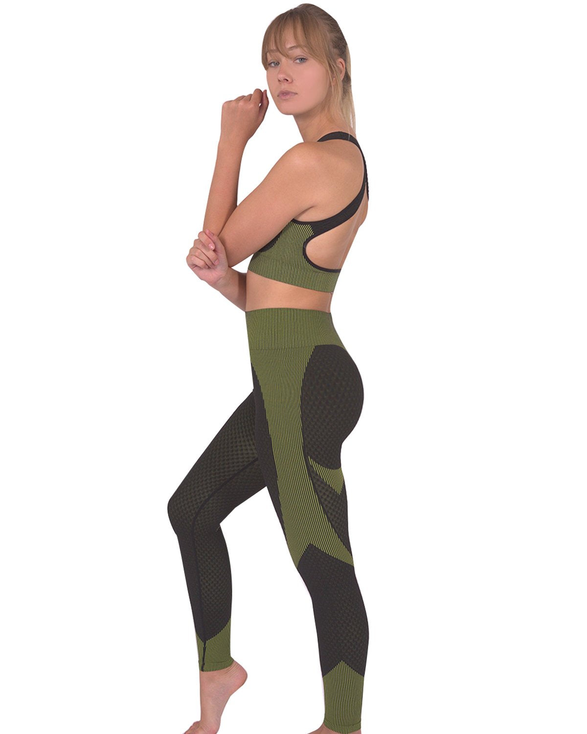 Trois Seamless Sports Bra - Black with Green Stripes