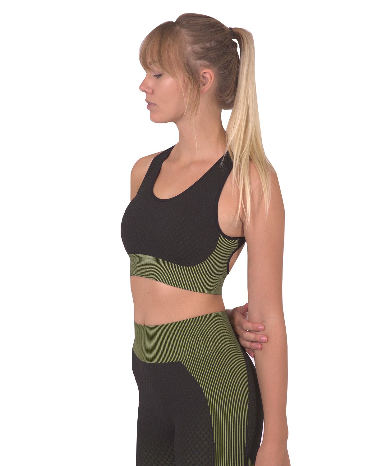 Trois Seamless Sports Bra - Black with Green Stripes