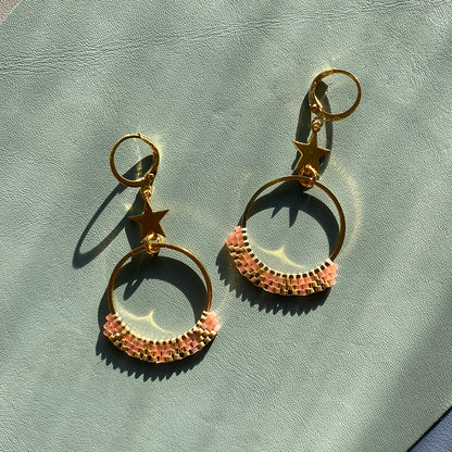 Frosted Star Dangle Earrings with Pastel Beads and Gold Hoops