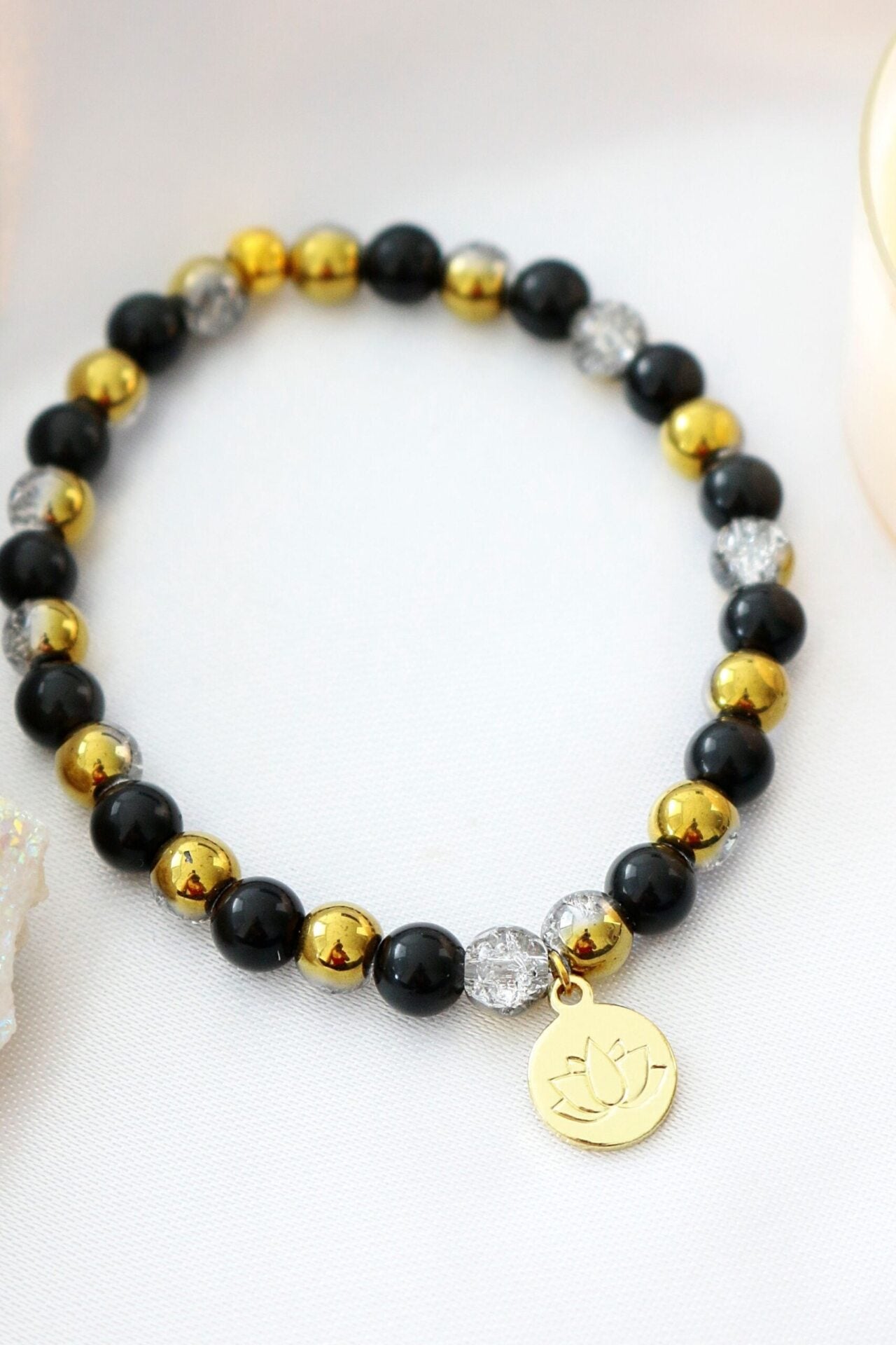 Obsidian Elastic Bracelet with 24K Lotus Flower Charm