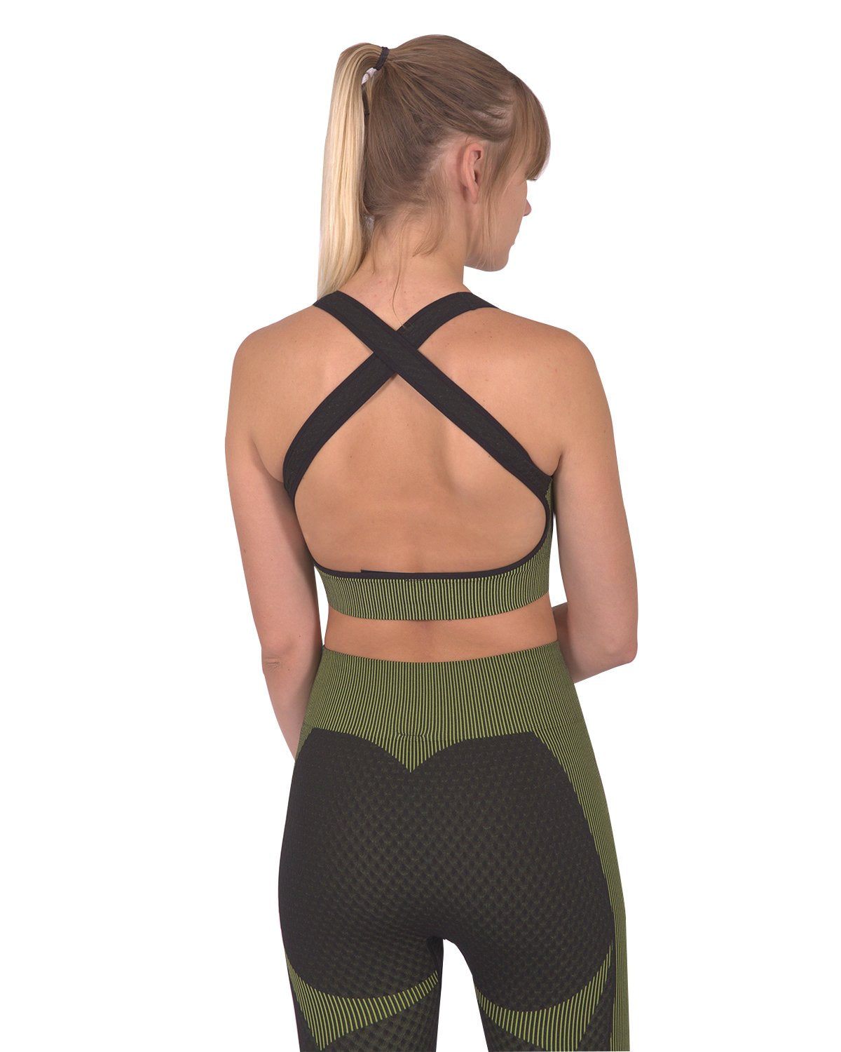 Trois Seamless Sports Bra - Black with Green Stripes