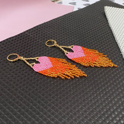 LOVE Earrings - Pink Orange Ombre Fringe with Gold Hoops