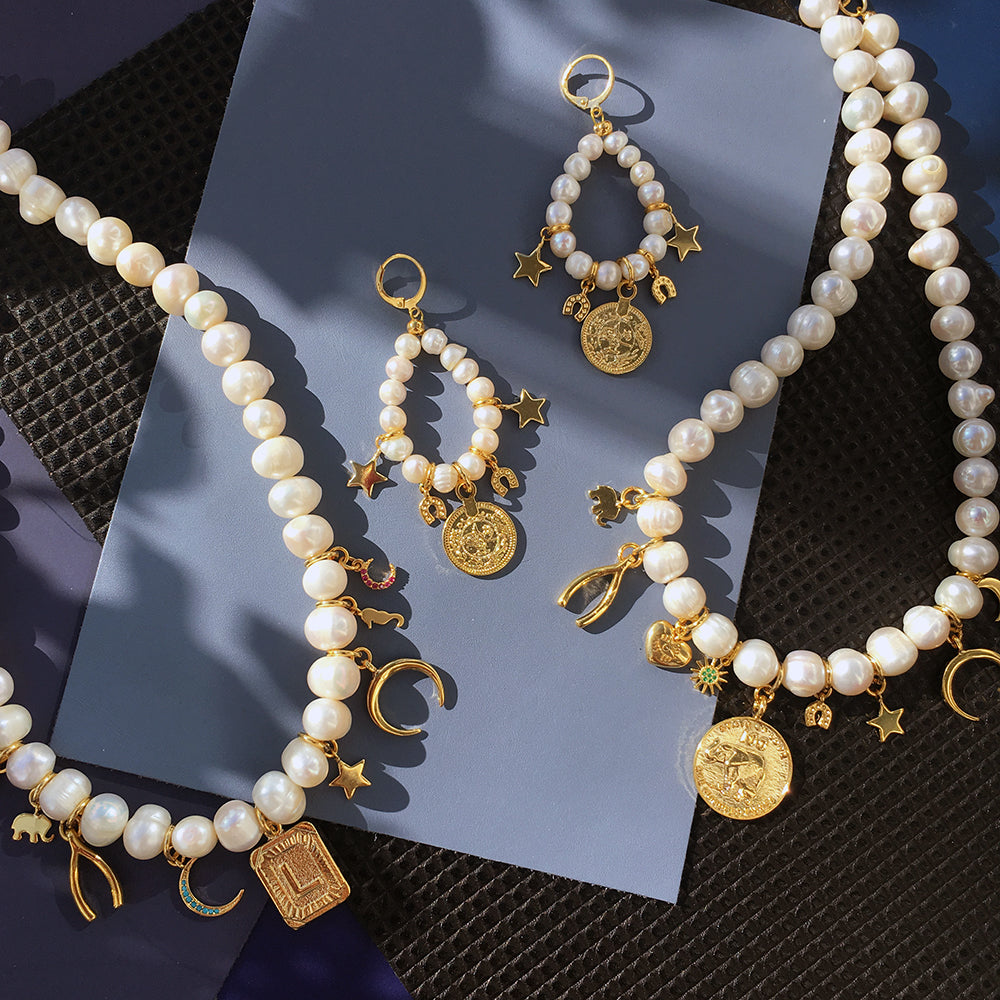 Lucky Charm Earrings with Gold Hoops and Pearls