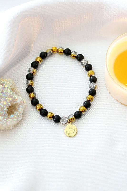 Obsidian Elastic Bracelet with 24K Lotus Flower Charm