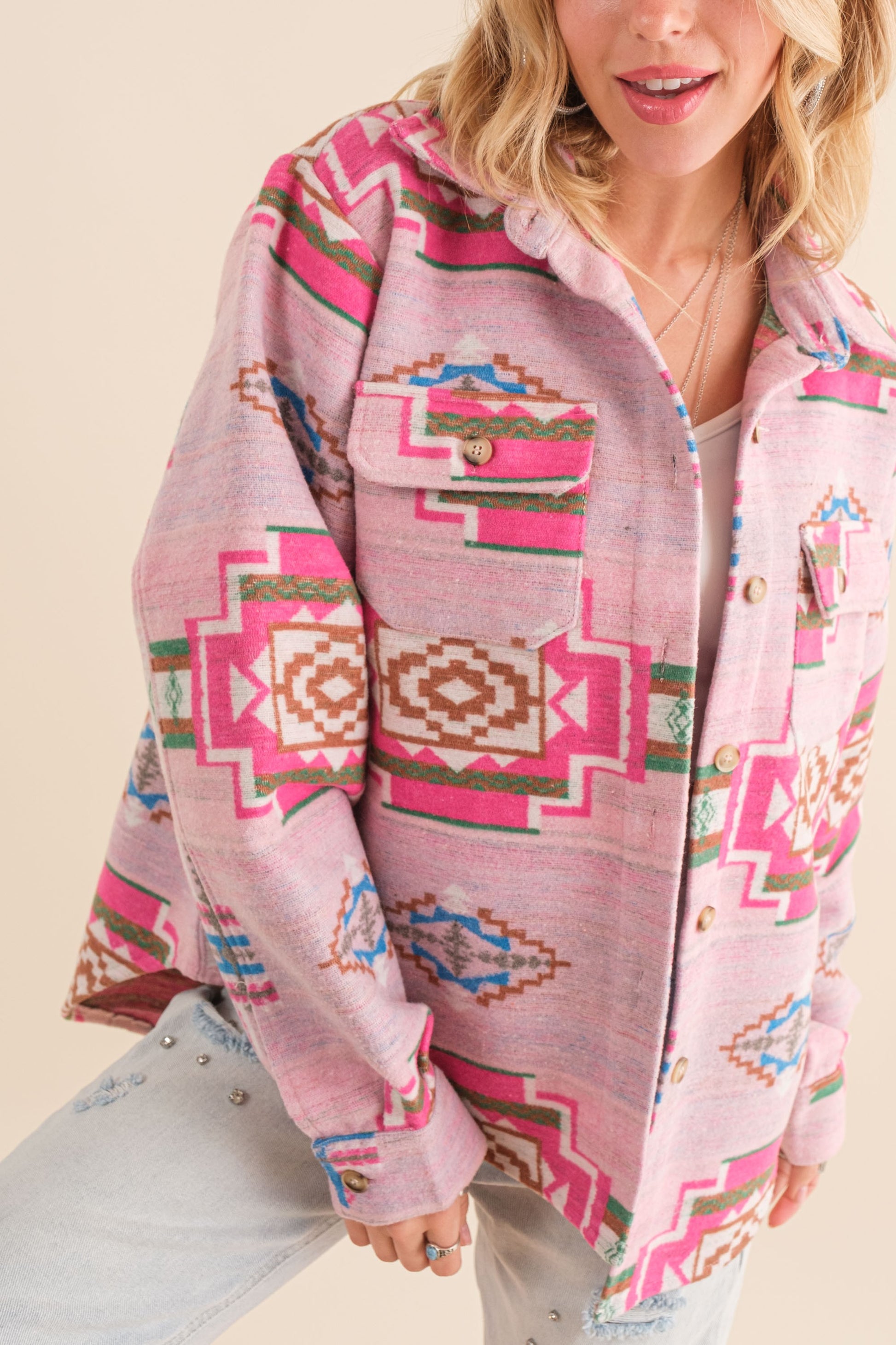 Pink Jacquard Aztec Relaxed Fit Button Down Shacket Shacket - Stylemz