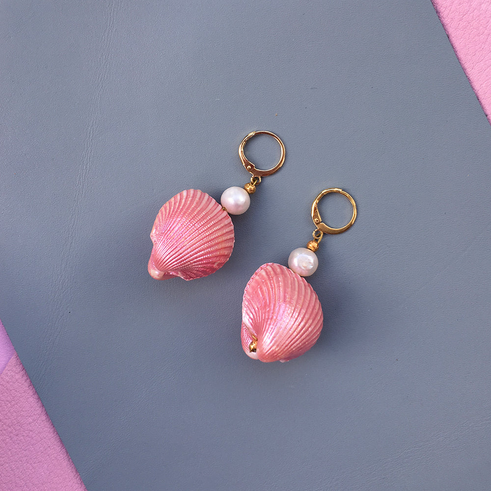 Candy Shell Pearl Earrings with Gold Plated Hoops