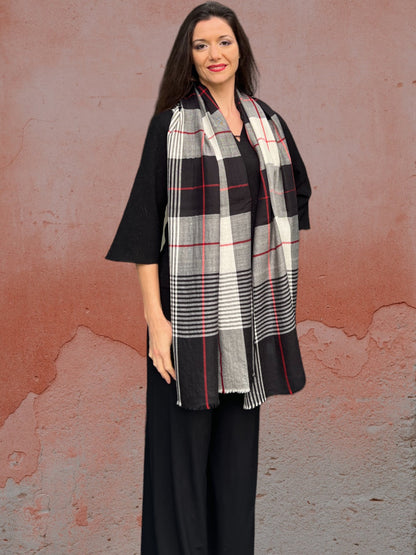 Hand Loomed Black Wool And Silk Check Scarf - Stylemz