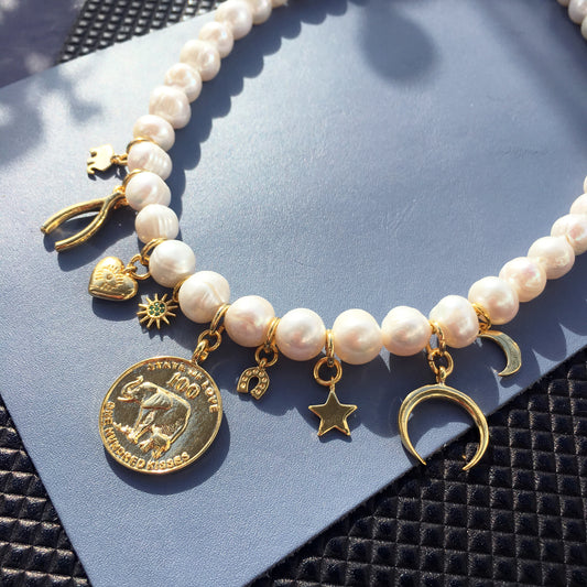 Lucky Charm Pearl Necklace with Gold Charms and Crystals