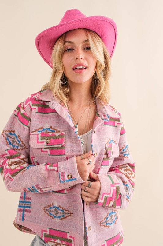 Pink Jacquard Aztec Relaxed Fit Button Down Shacket Shacket - Stylemz