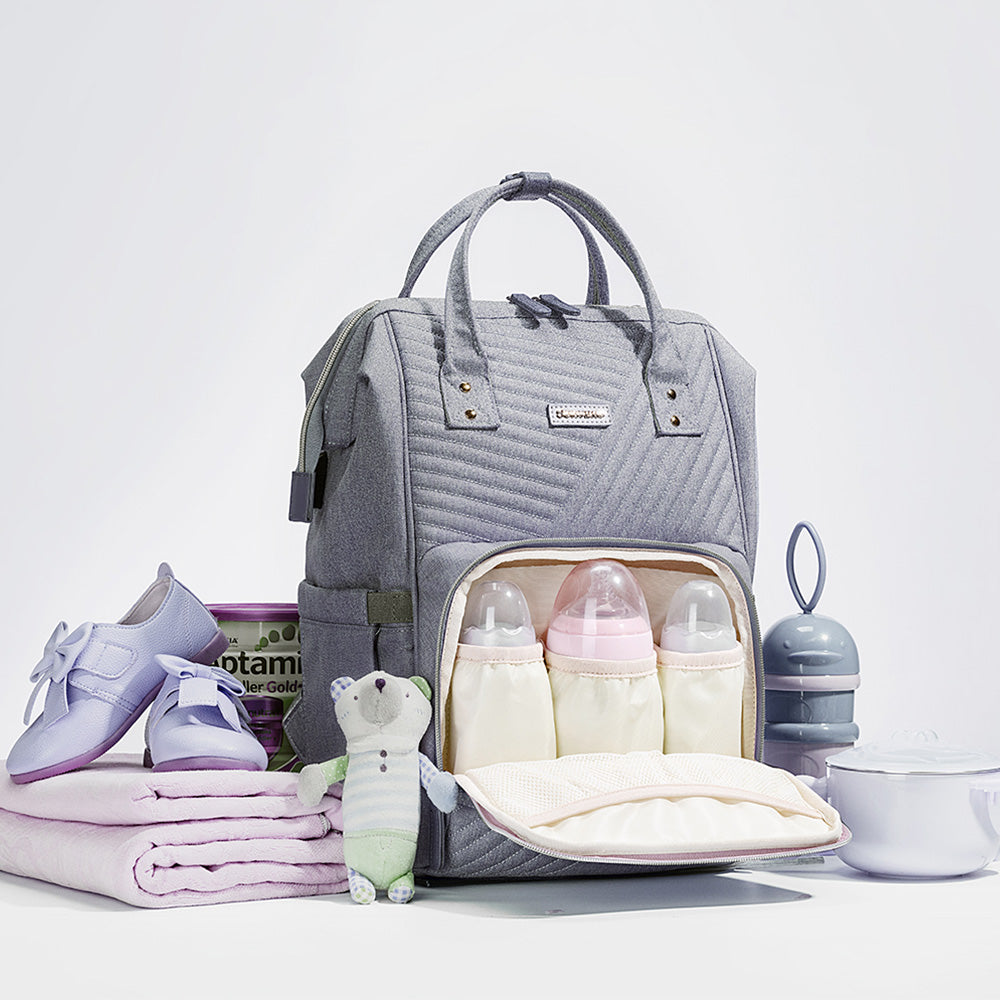 Modern Quilted Diaper Bag Backpack with USB Port and Pockets