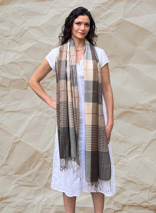 Hand loomed Brown Wool And Silk Check Scarf - Stylemz