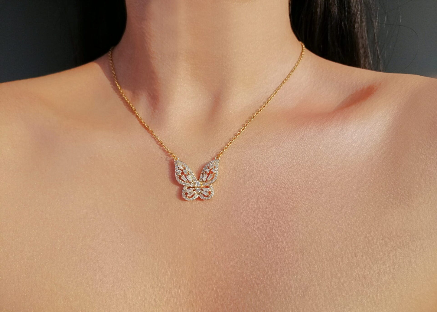 24K Butterfly Pendant Necklace with Sparkling Cubic Zirconia