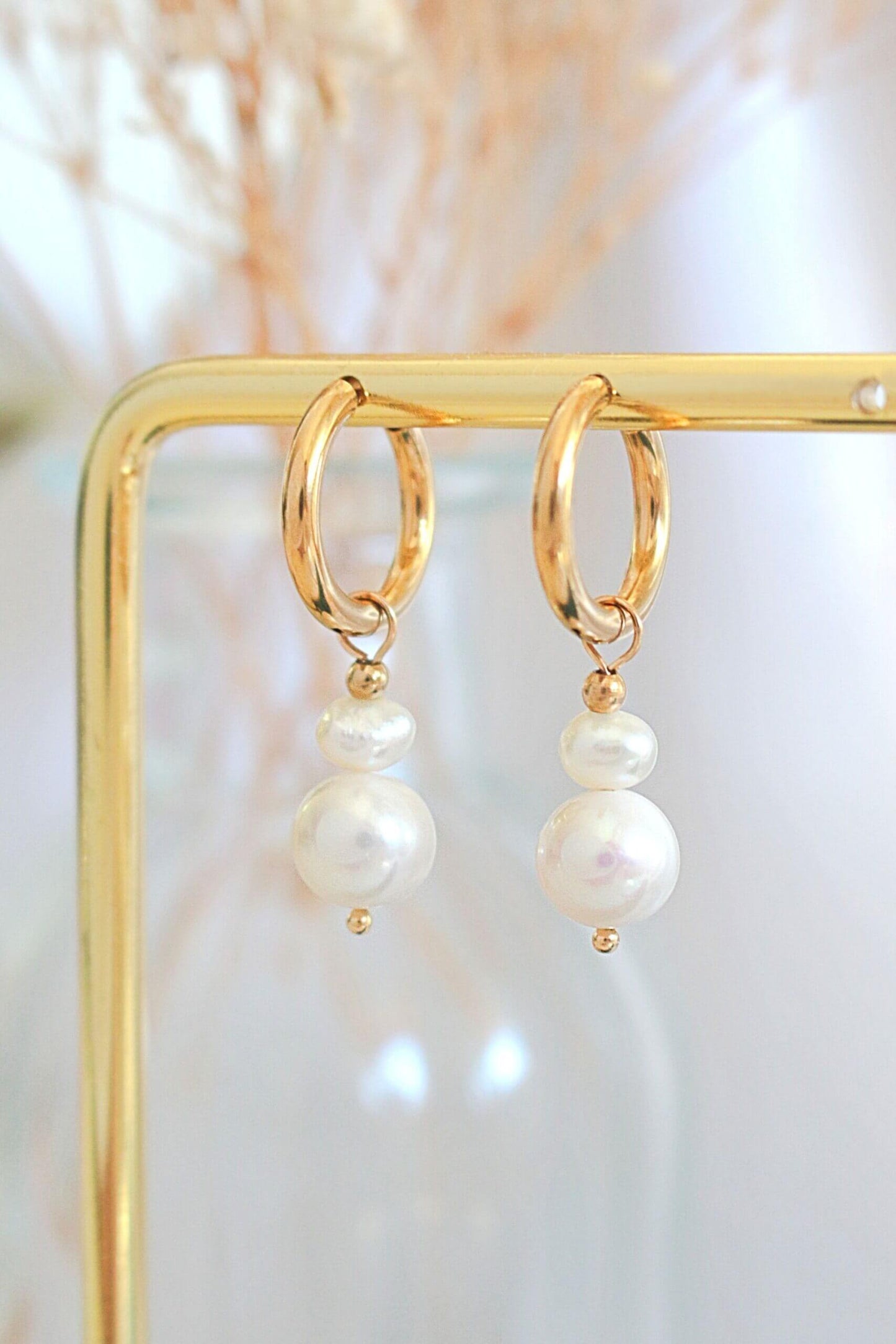 24 Karats Freshwater Pearls Baroque Dangle Hoops Earrings