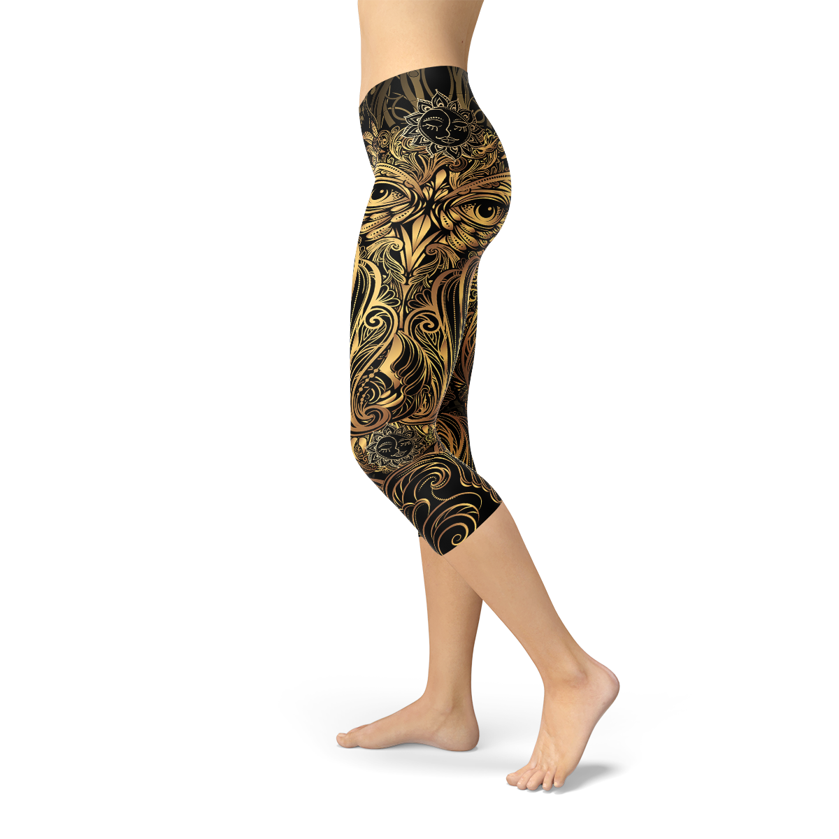 Womens Golden Ornament Owl Capri Leggings - Stylemz