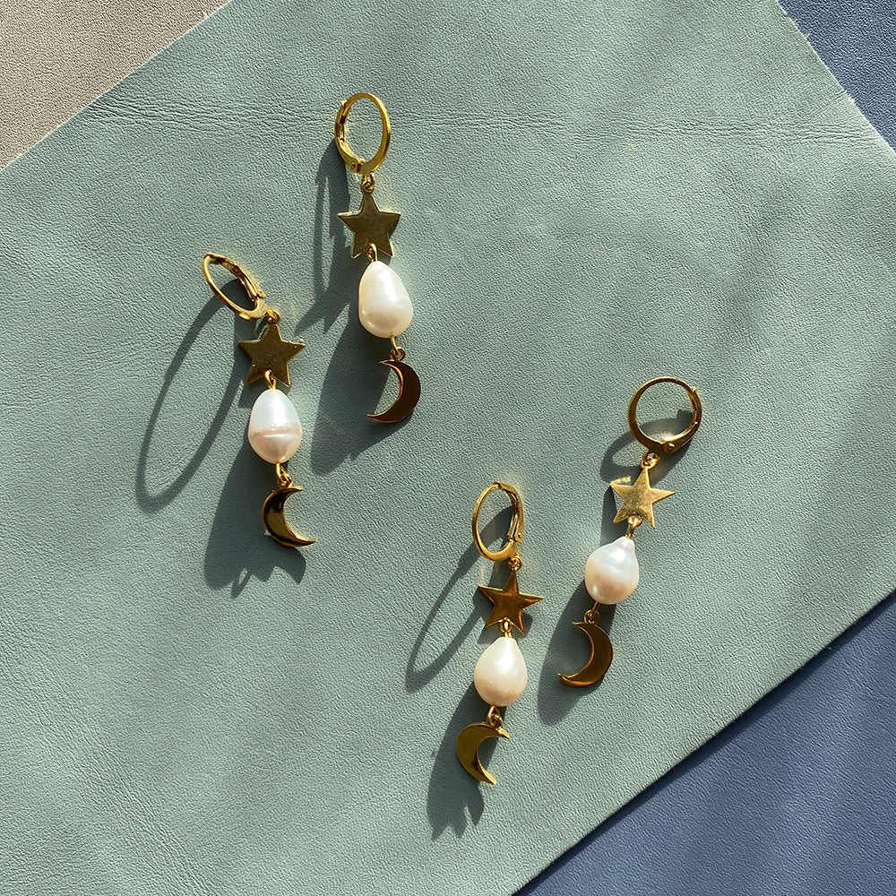 Night Sky Pearl Earrings in 24 Carat Gold Plating