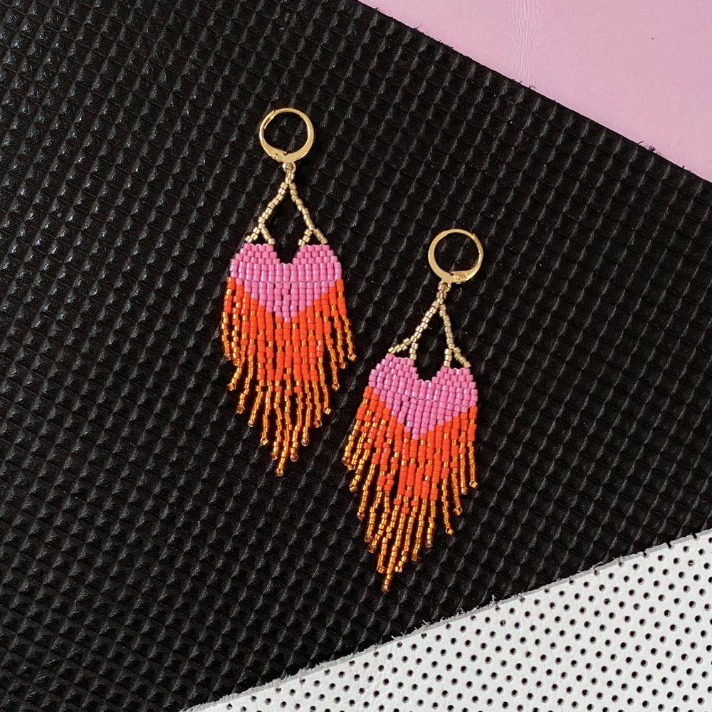 LOVE Earrings - Pink Orange Ombre Fringe with Gold Hoops