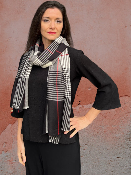 Hand Loomed Black Wool And Silk Check Scarf - Stylemz