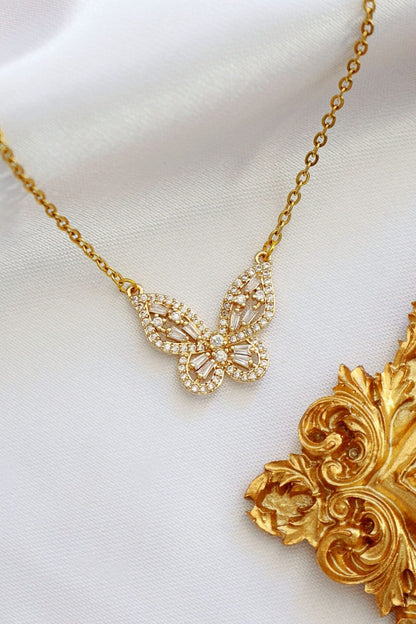 24K Butterfly Pendant Necklace with Sparkling Cubic Zirconia